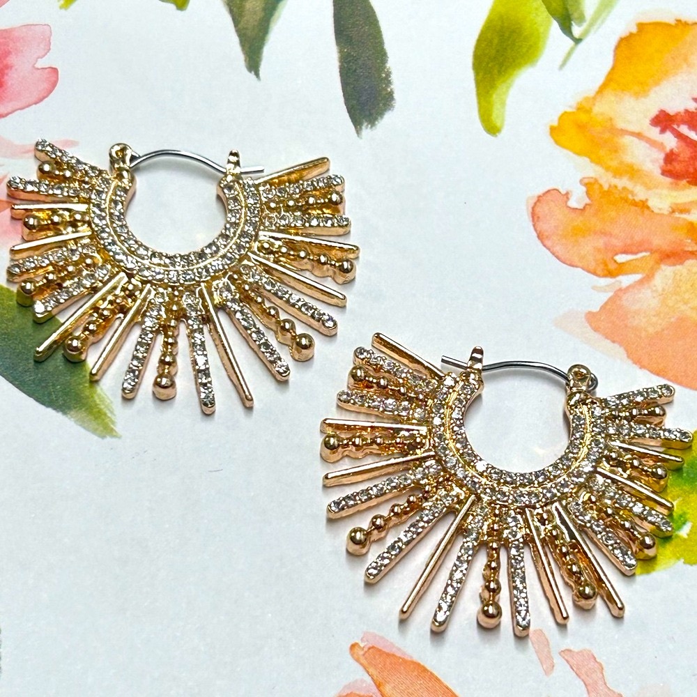 Rhinestone Gem Spike Hoop Earrings Deco Style New Product With Gift Pouch
